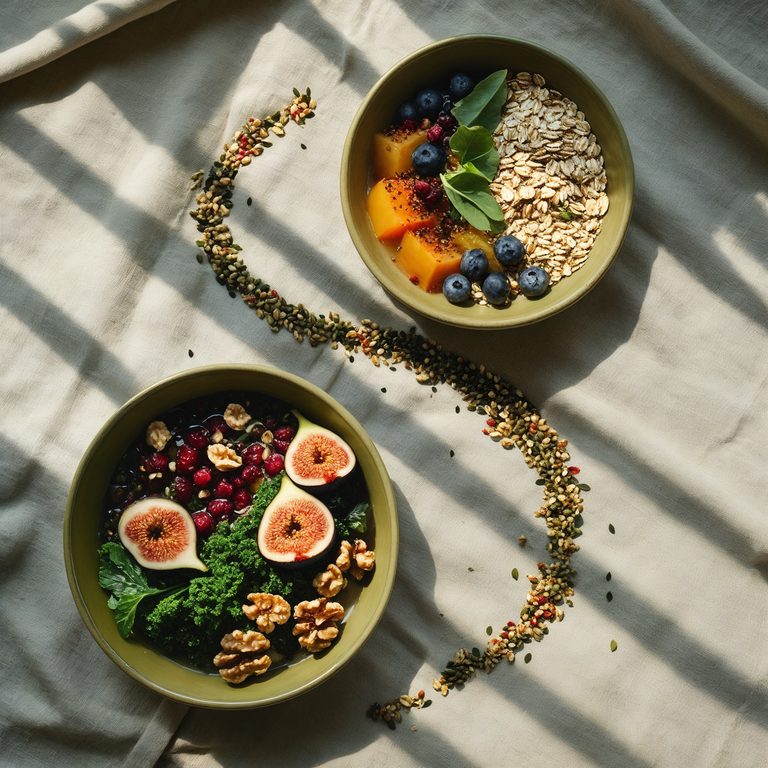 Two ceramic bowls of nourishing food on a linen cloth, joined by a winding trail of seeds and grains